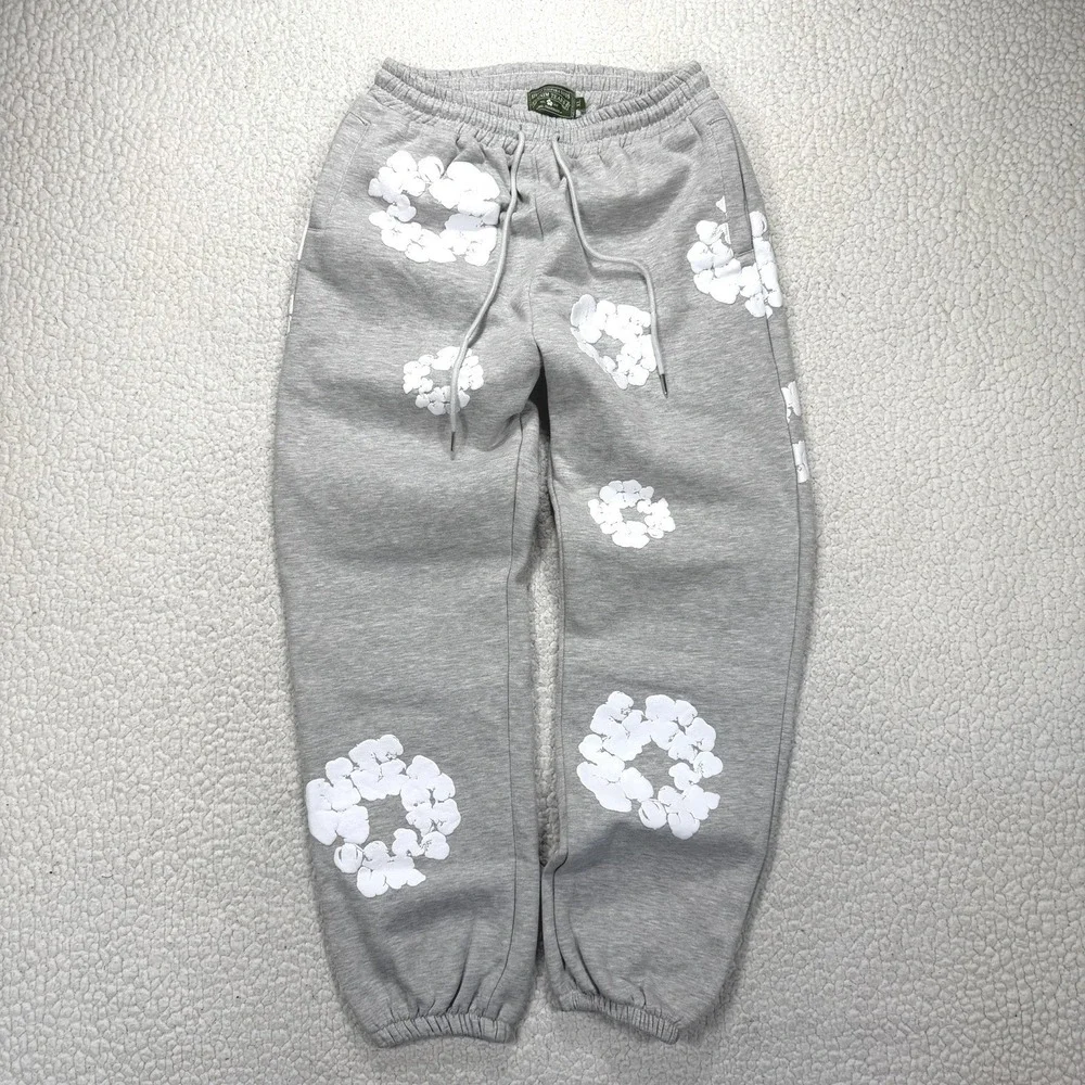 Streetwear Cotton Wreath Sweatpants Mens XL Gray Graphic Joggers Hype Loungewear